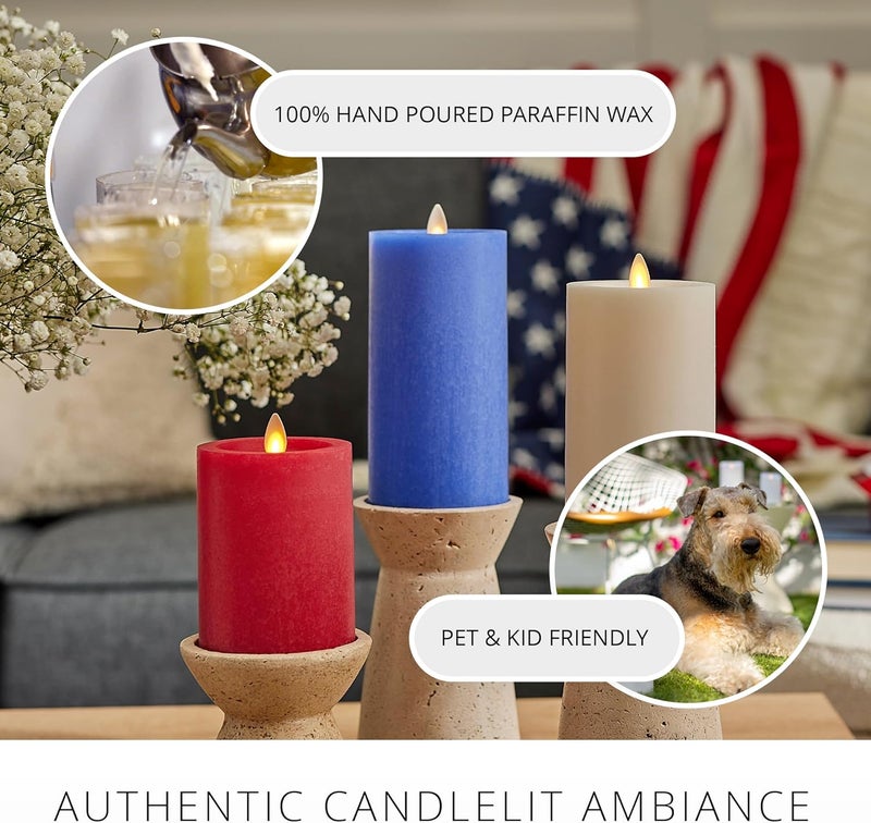 LUMINARA Red White & Blue Americana Pillar Trio - Set of 3 Flickering Flameless Wax Candles - Battery Operated LED Real Flame Illumination for Patriotic Holiday Decor - Timer - Remote Sold Separately - Image 5
